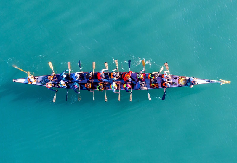 Bird's eye view of a group of people rowing a boat